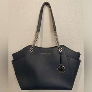 Michael Kors Jet Set Travel Large Chain Shoulder Tote Navy Blue Leather